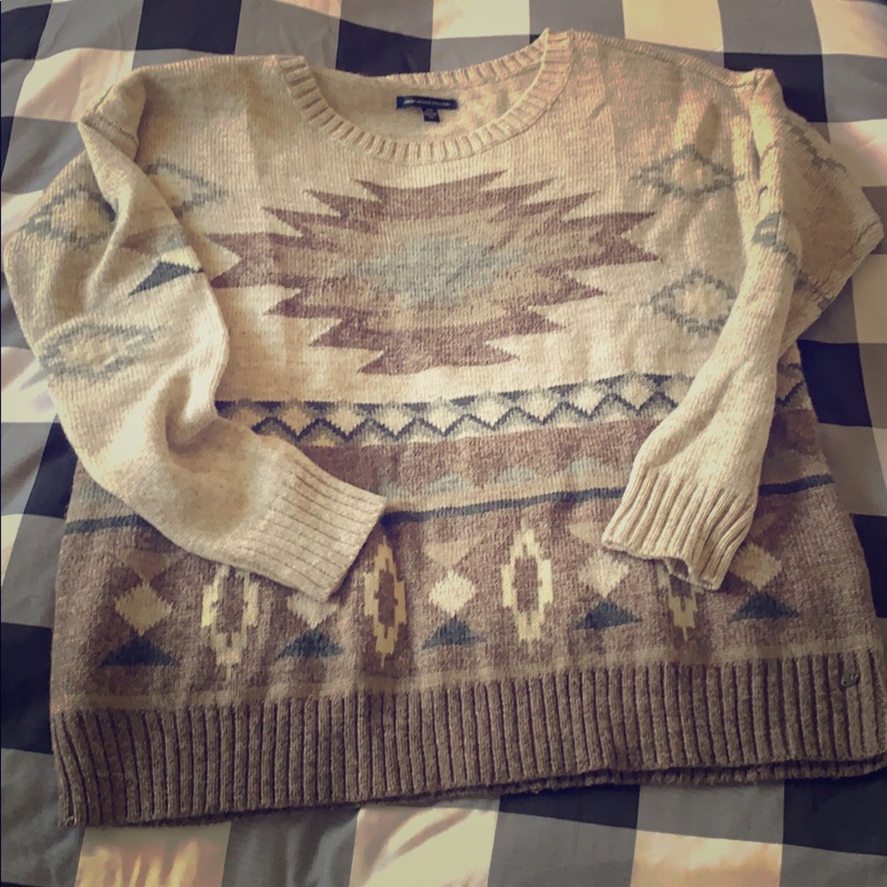 American Eagle Outfitters Cream and Brown Southwestern Crewneck Sweater